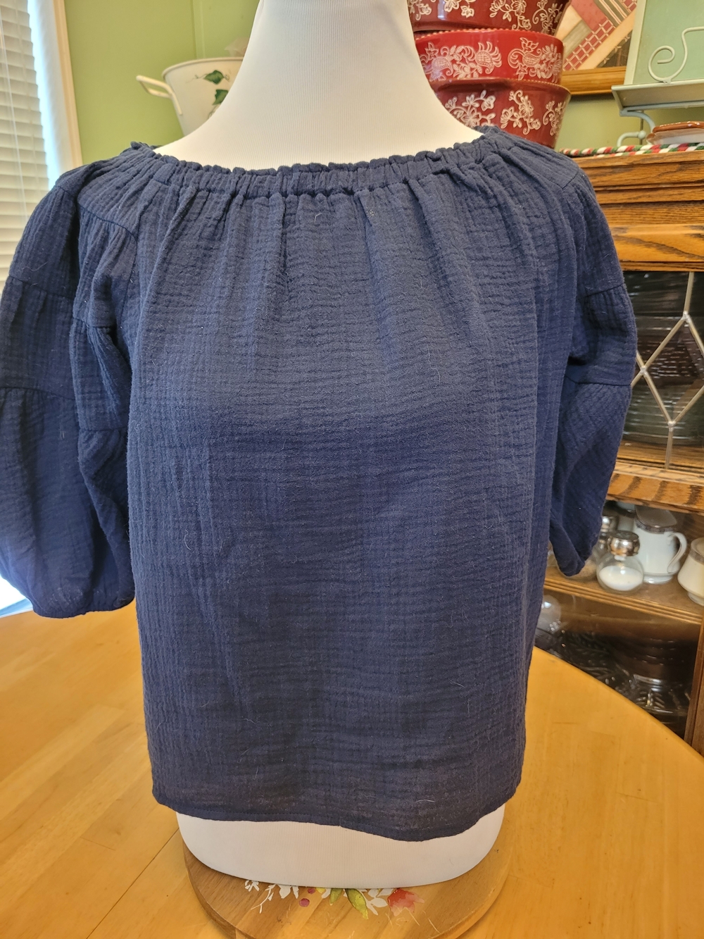 Women's Navy Off-Shoulder Peasant Top